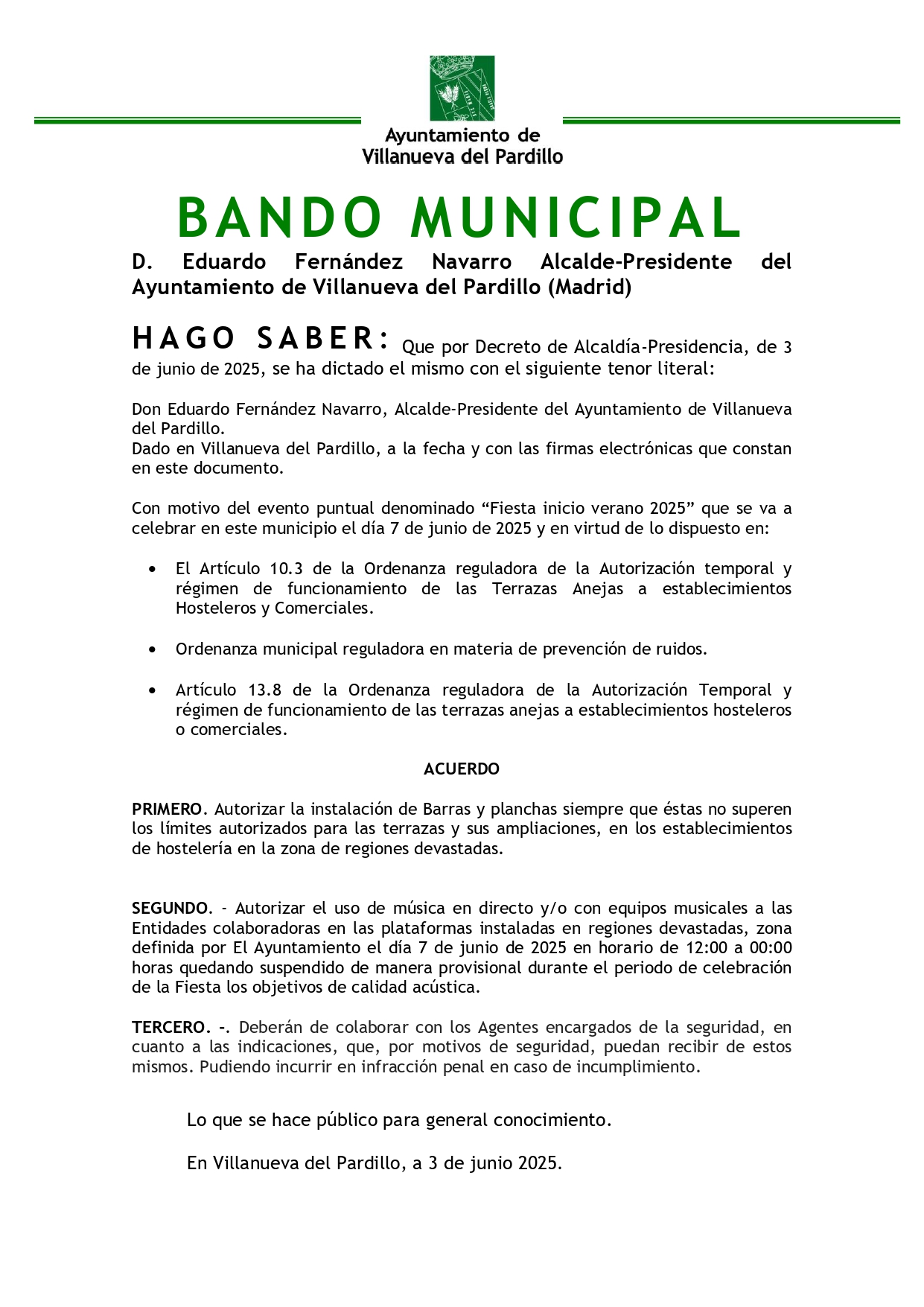 Bando municipal en Villanueva del Pardillo