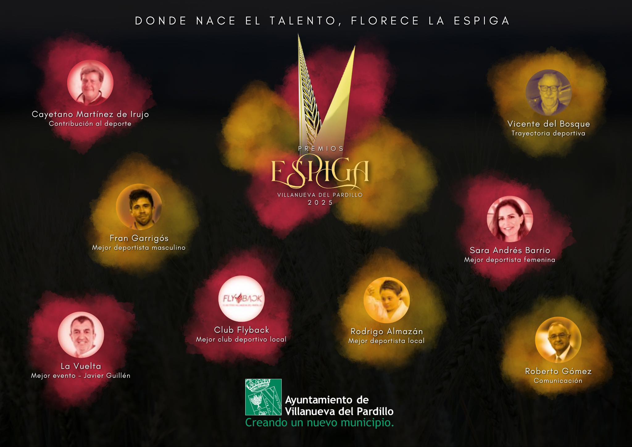 Garrigós, Sara Andrés, Del Bosque, La Vuelta, Martínez De Irujo, Rodrigo Almazán, Roberto Gómez y Club Flyback, Premios Espiga del Deporte 2025 de Villanueva del Pardillo