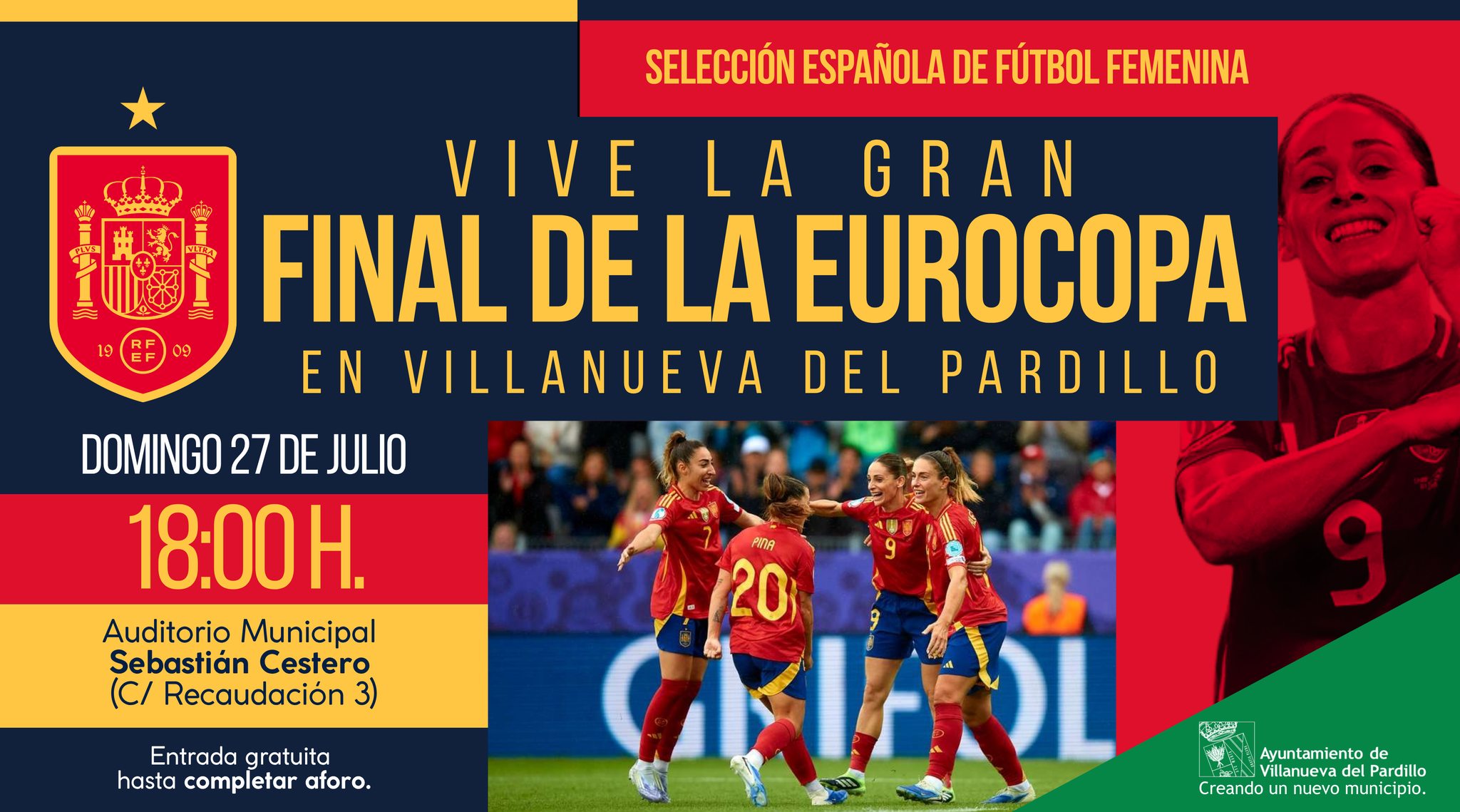 Villanueva del Pardillo habilita el Auditorio Municipal Sebastián Cestero para apoyar a España en la final de la Eurocopa femenina