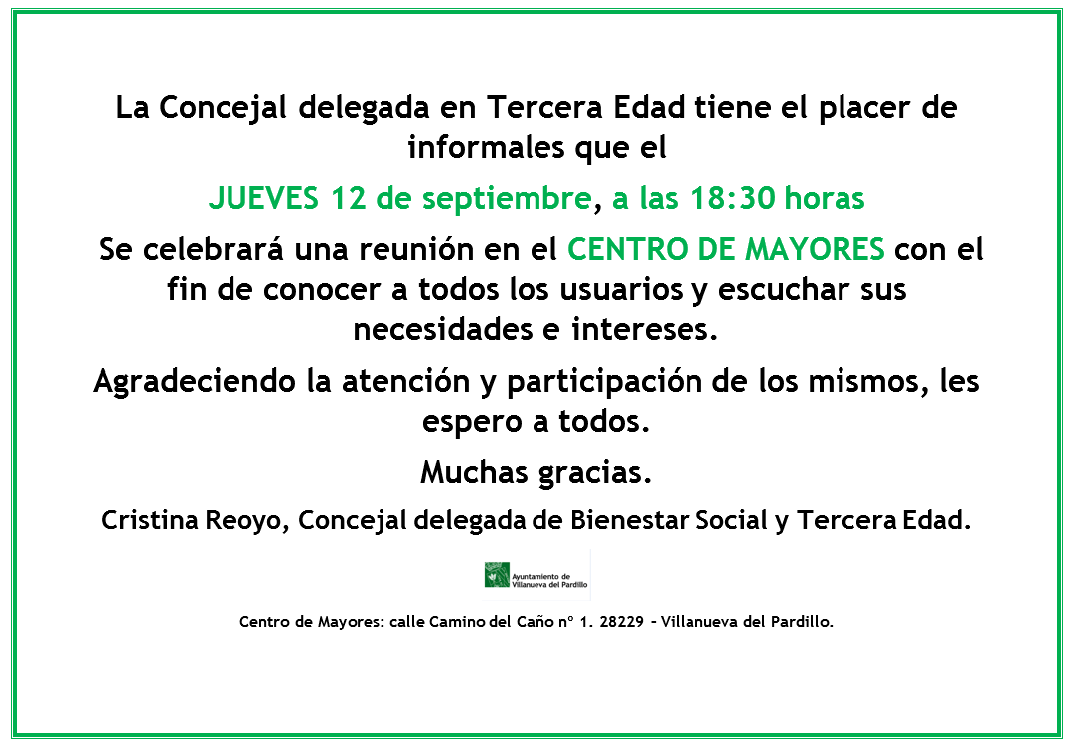 DESDE LA CONCEJALÍA DE TERCERA EDAD, SE HA CONVOCADO UNA REUNIÓN DE PARTICIPACIÓN PARA EL PRÓXIMO JUEVES 12 DE SEPTIEMBRE. 28/08/19.