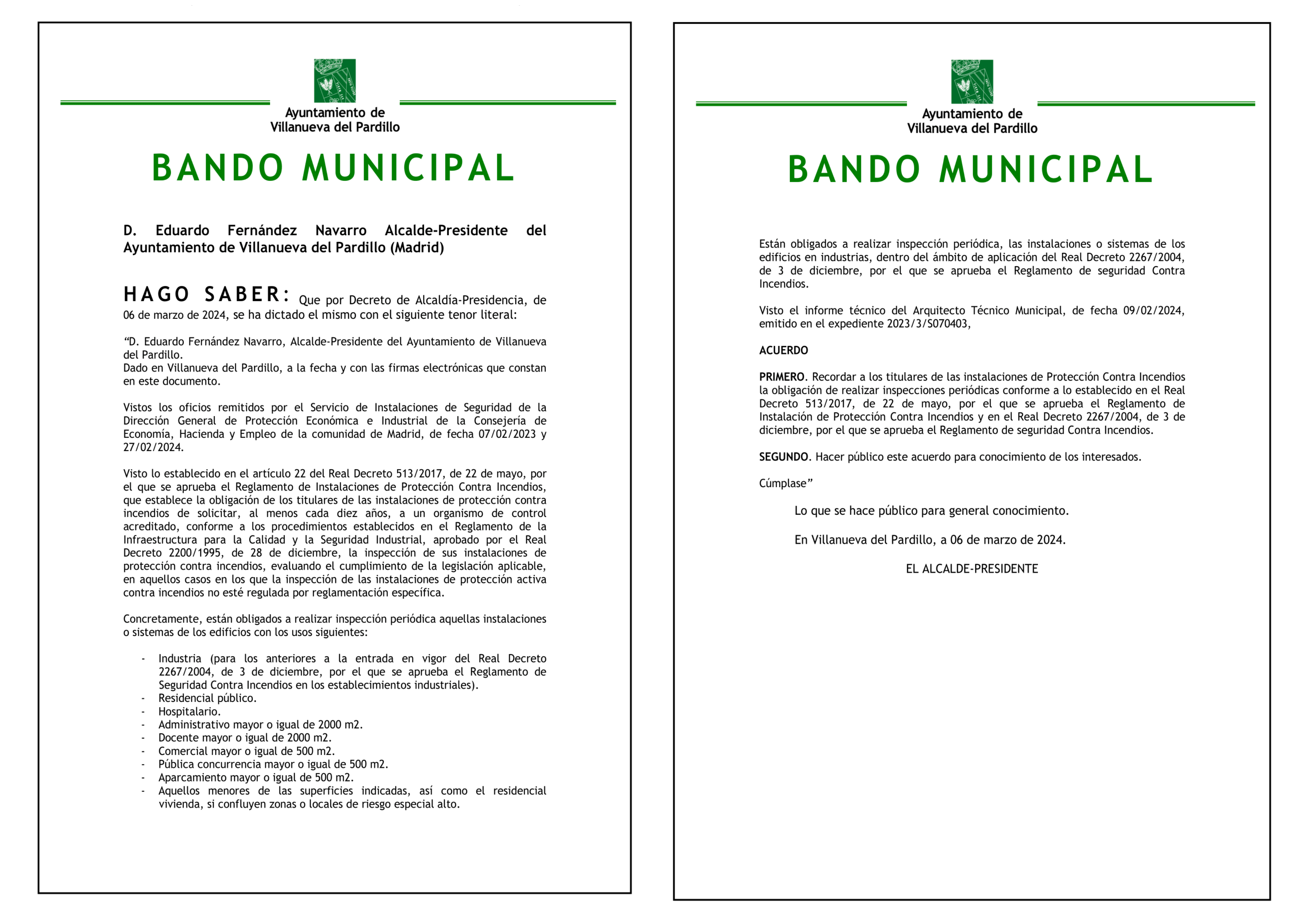 BANDO MUNICIPAL. INSPECCIONES PERIÓDICAS INSTALACIONES PCI. 07/03/2024