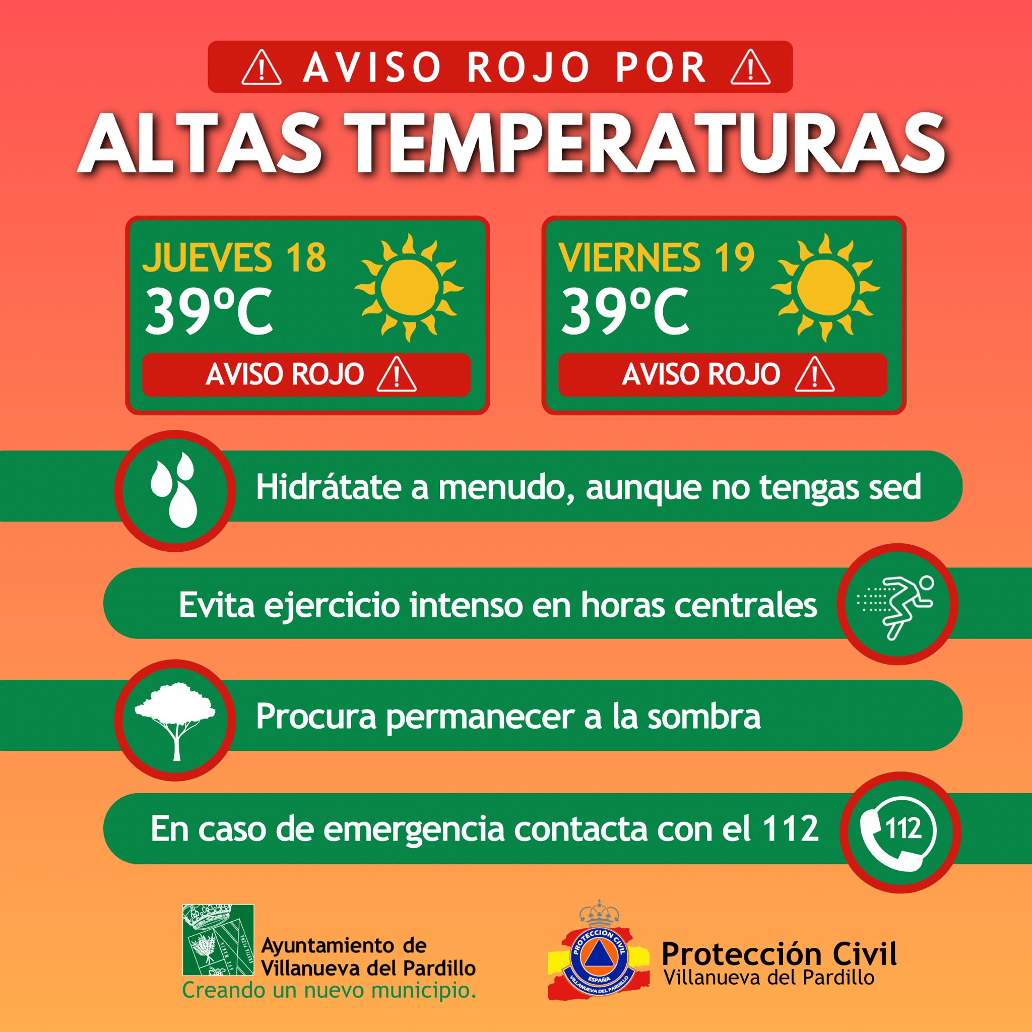 AVISO ROJO POR ALTAS TEMPERATURAS EN VILLANUEVA DEL PARDILLO. 17/07/2024